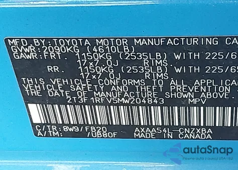 2021 Toyota Rav4 Le z USA, uszkodzony, nr VIN 2T3F1RFV5MW204843